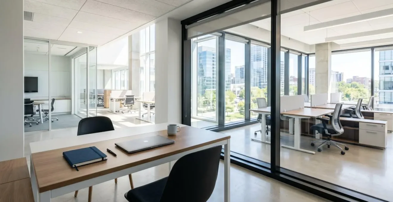 Bureau en bois clair avec ordinateur portable fermé et carnet posés, grande fenêtre laissant entrer une lumière naturelle abondante, plante verte en arrière-plan