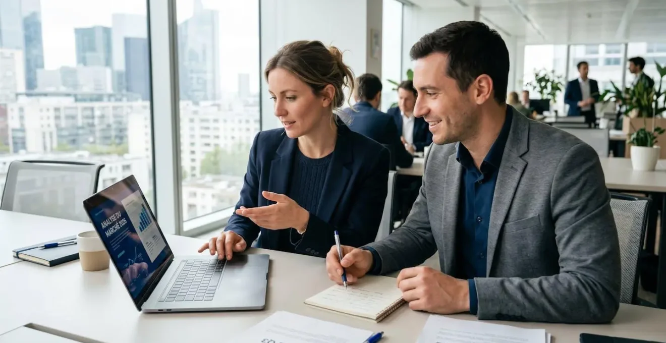Deux professionnels en discussion devant un ordinateur portable dans un bureau moderne éclairé par la lumière naturelle