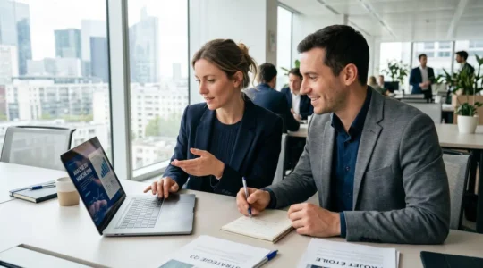 Deux professionnels en discussion devant un ordinateur portable dans un bureau moderne éclairé par la lumière naturelle