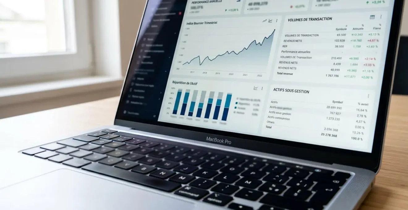 Gros plan sur un écran d'ordinateur affichant des graphiques financiers avec des courbes et des barres, clavier légèrement flouté au premier plan