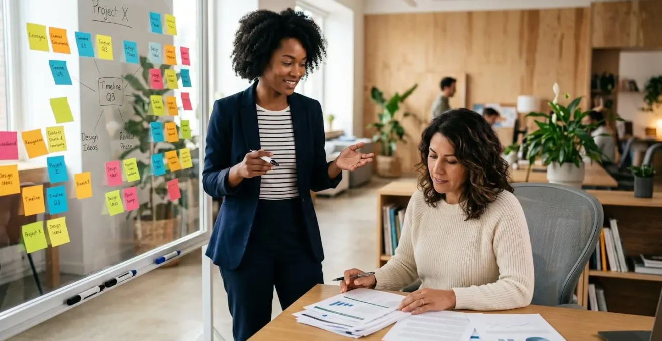 Deux membres d'une équipe comptable d'une PME discutant d'un processus de relance client autour d'un tableau de bord