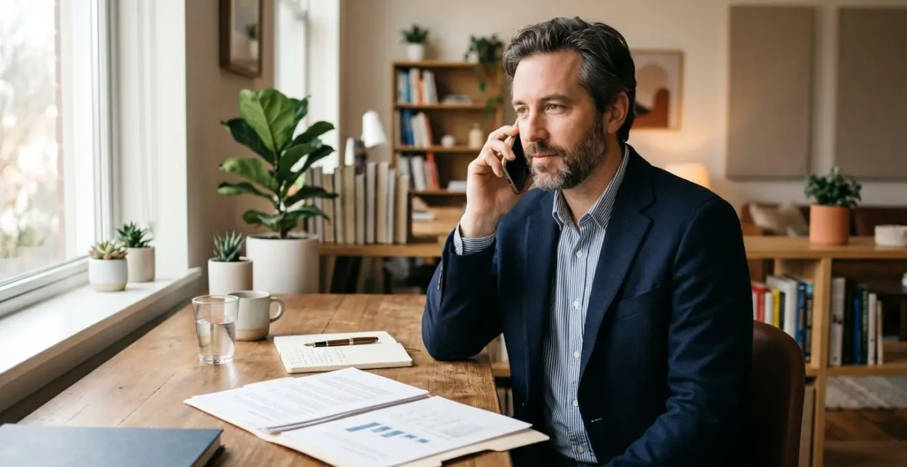 Gestionnaire financier en communication téléphonique avec un client pour un suivi de paiement, documents de suivi devant lui