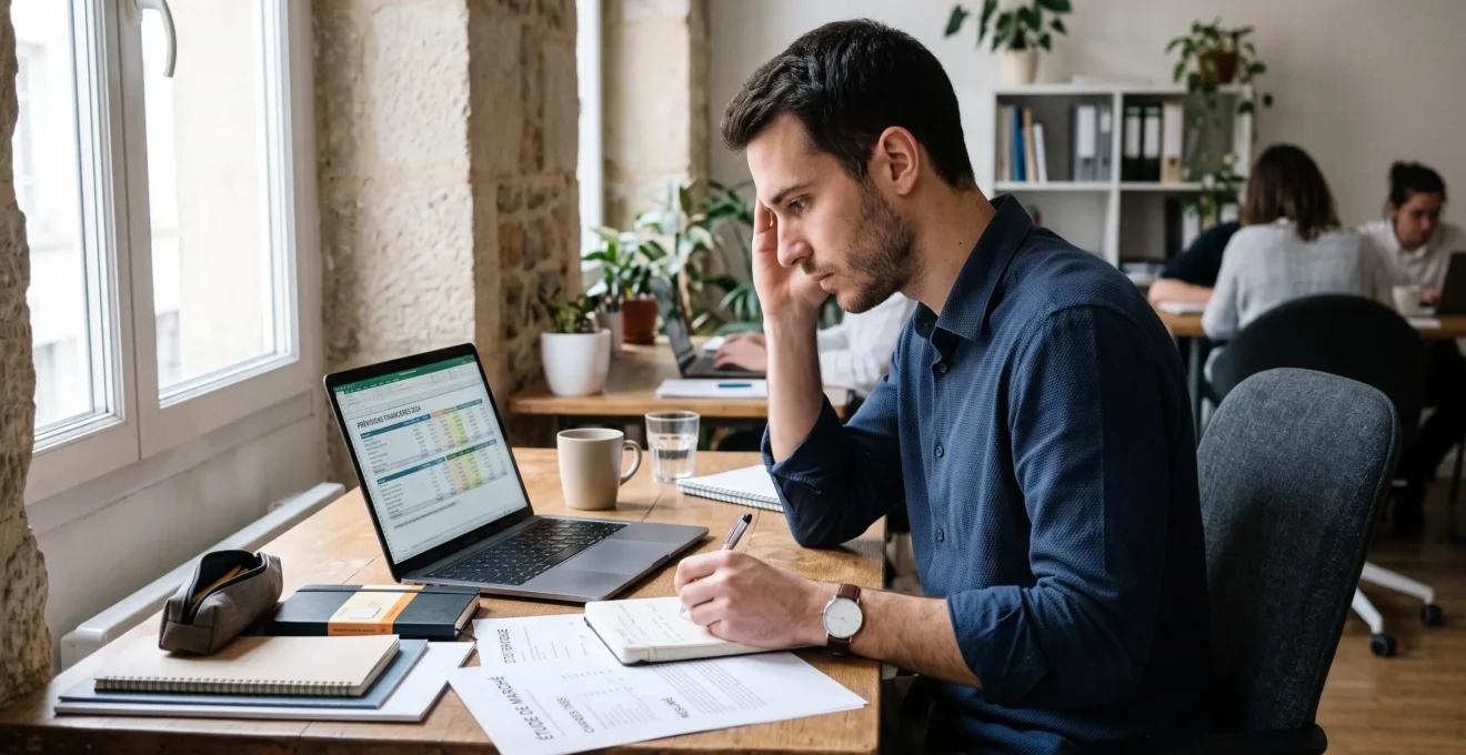 Un entrepreneur français examine un tableau de prévisions financières sur un ordinateur portable dans un bureau moderne.