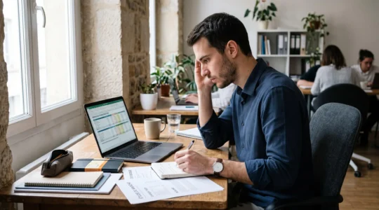 Un entrepreneur français examine un tableau de prévisions financières sur un ordinateur portable dans un bureau moderne.