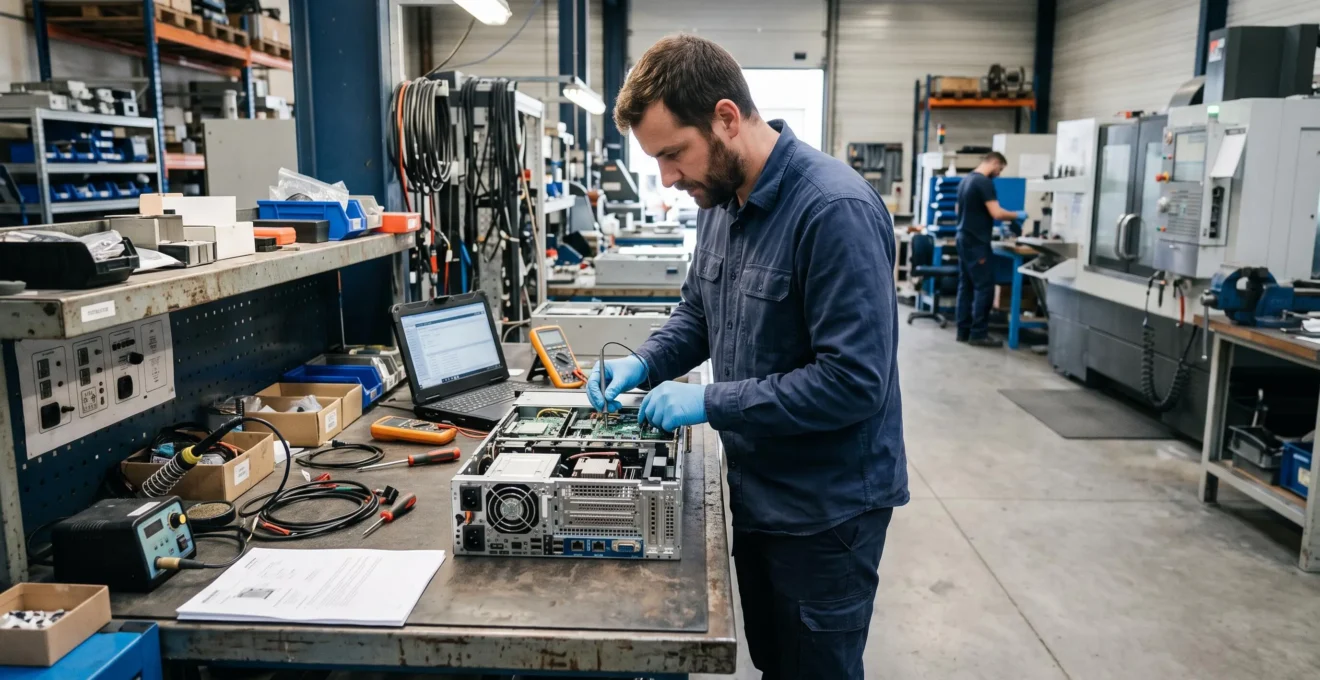 Des mains inspectent un équipement technique sur un établi dans un environnement de travail professionnel.