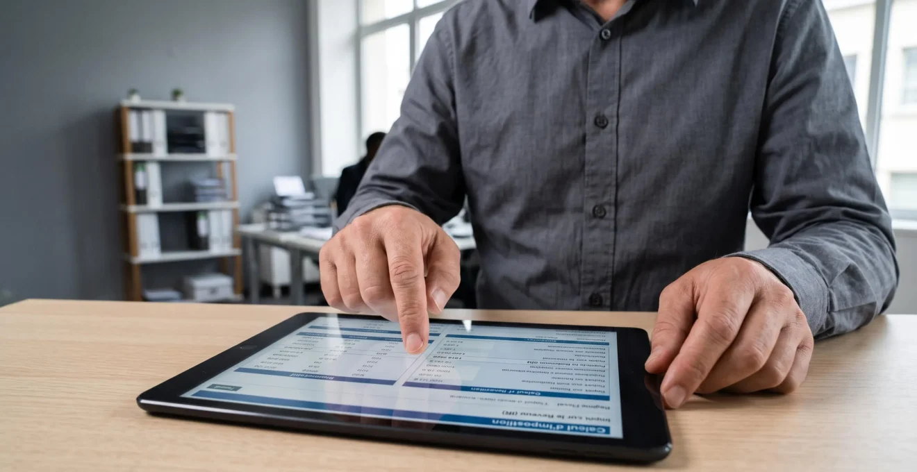 Un professionnel vérifie des données financières complexes sur une tablette dans un environnement d'entreprise moderne.